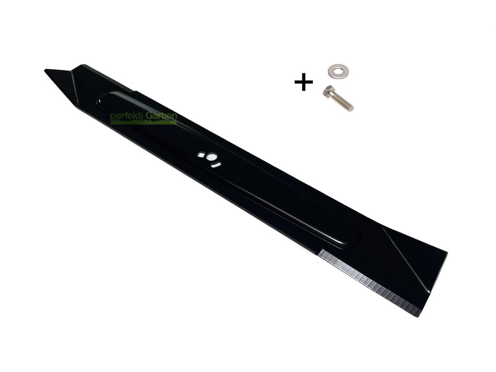 A black lawnmower blade with a screw and washer.