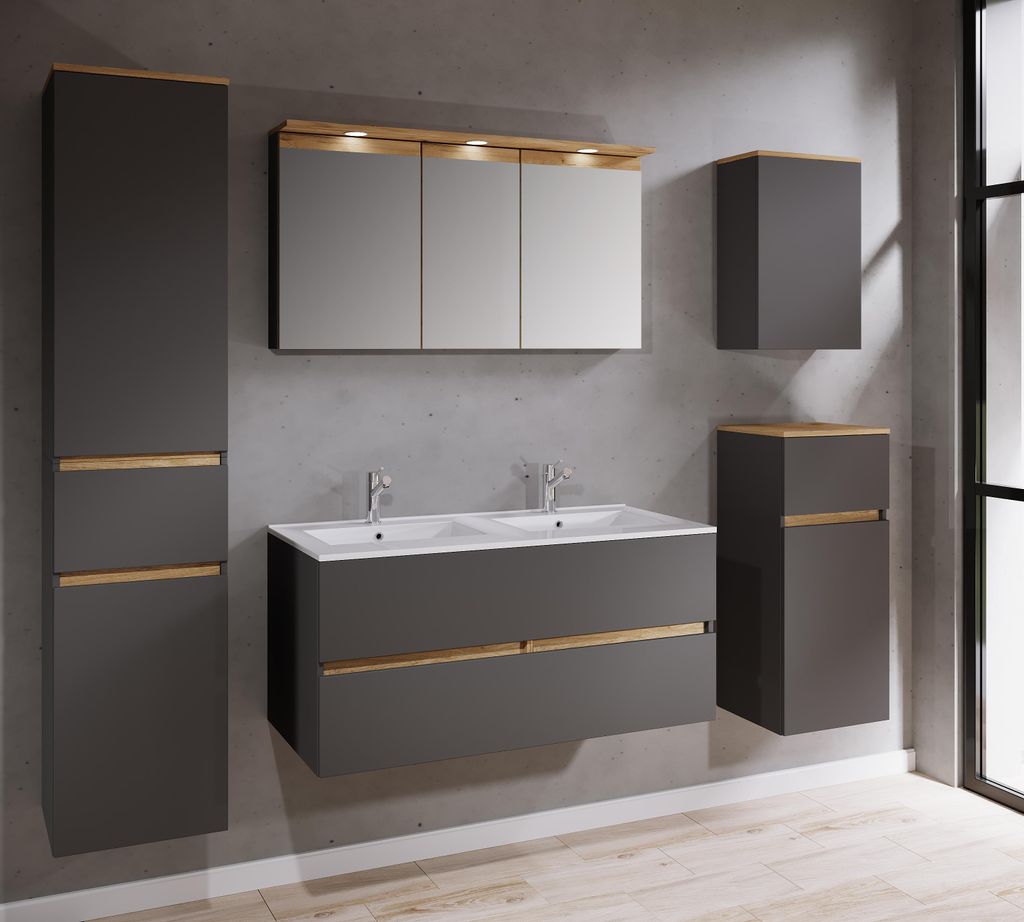 VCM 6-tlg. Doppelwaschtisch Cosila mit 1 Doppel Keramikbecken – Badschrank H. 51 x B. 111 x T. 51 cm mit 2 Softclose-Schubladen, Spiegelschrank m...
