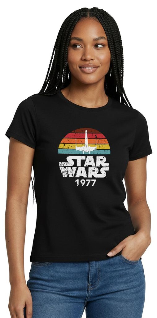 Star Wars Schriftzug 1977 Retro Frauen T-Shirt, L, Schwarz Produktbild 