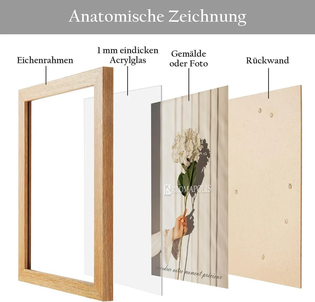 PHOTOLINI Cornici 15x15 cm legno rovere massiccio, set di 3 cornici larghe, moderne, plexiglass infrangibile, da tavolo o da parete, accessori extra - per una parete dal look raffinato