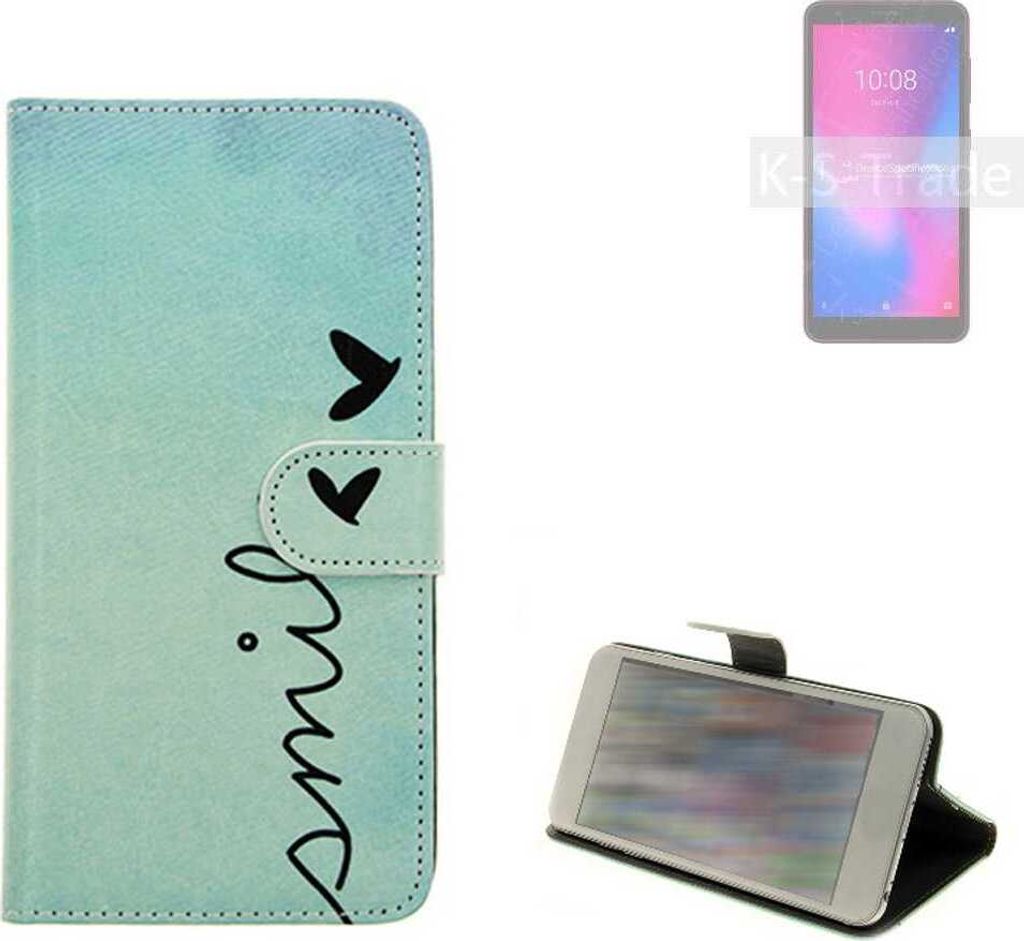 K-S-Trade Schutz Hülle Handy Hülle kompatibel mit ZTE Blade A3 2020 Hülle Handyhülle cover bookstyle Etui Handyhülle ''smile'' türkis