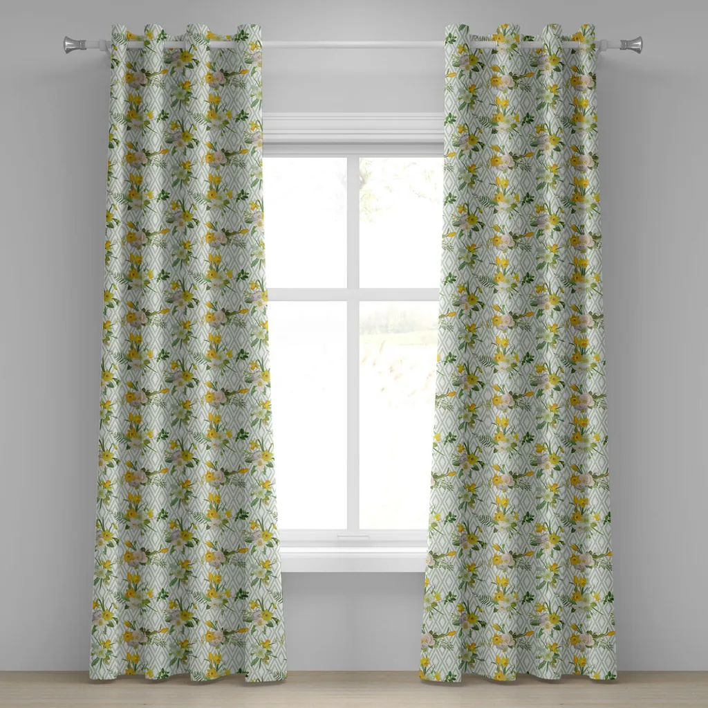 Rideau à œillets aquarelle motif losange floral 280 x 245 cm vert pâle