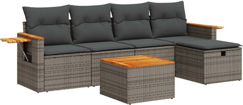 6-tlg. Garten-Sofagarnitur mit Kissen Grau Poly Rattan