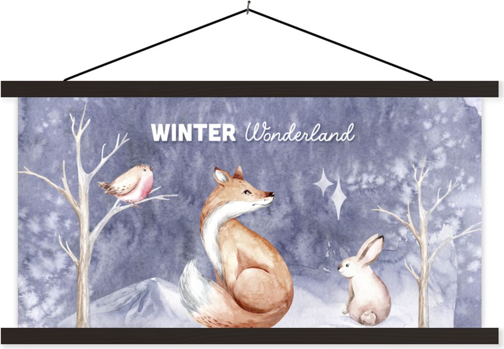 MuchoWow Textilposter Winter - Fuchs - Kaninchen - Vogel 60x30 cm mit schwarzem Rahmen - Textilien