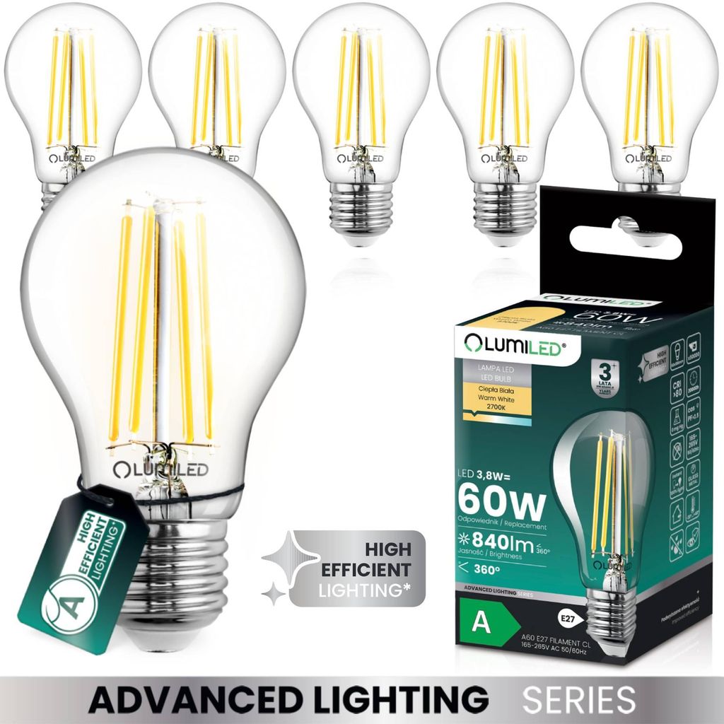 LUMILED 6er Set LED Lampe ultraeffizient A60 E27 3,8W 840lm 2700K Filament Klar Glas 360° Ersatz für 60W Nicht Dimmbar Warmweiß für Wohnzimmer ...