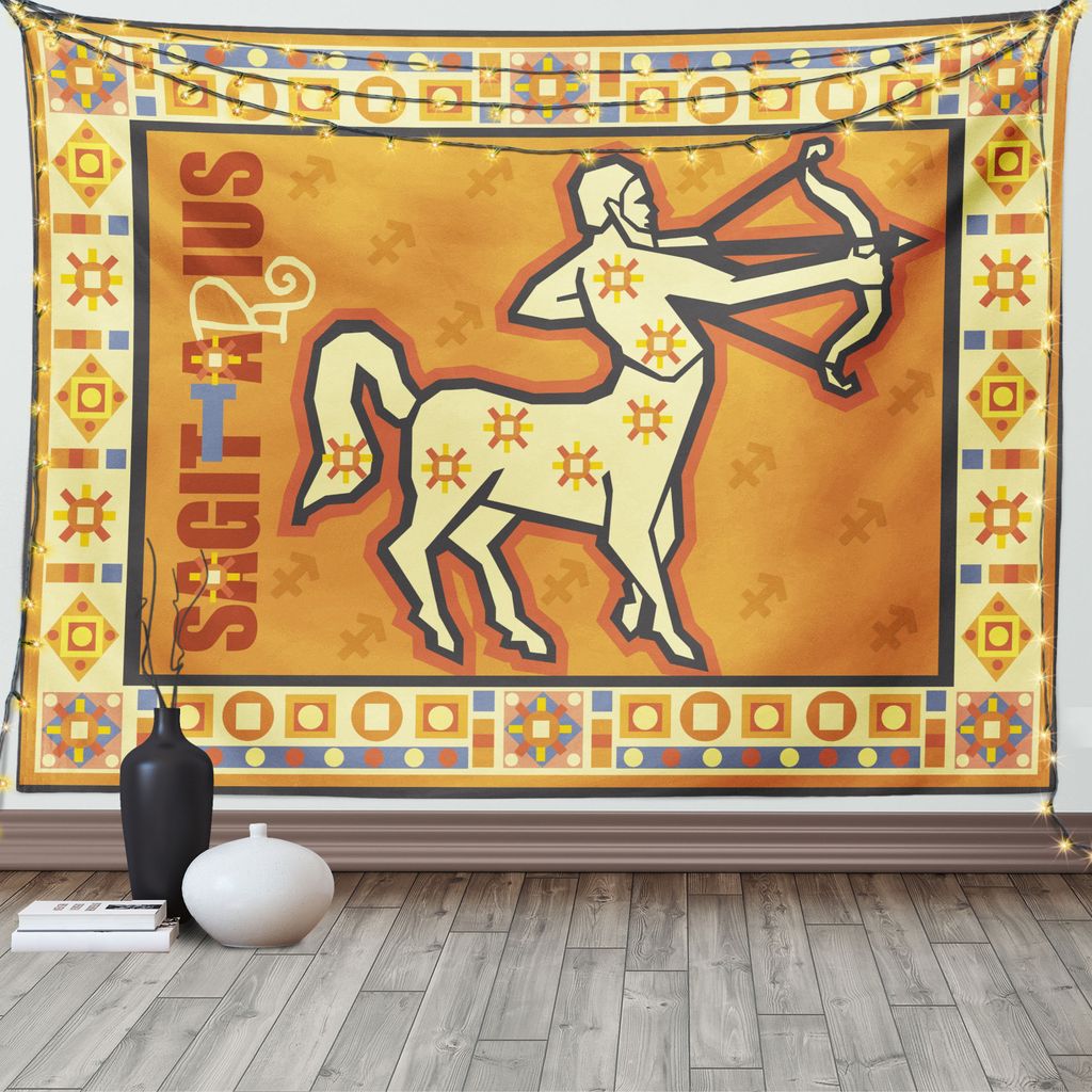 ABAKUHAUS Tierkreis Wandteppich, Horoskop Pfeil, Wohnzimmer Schlafzimmer Wandtuch Seidiges Satin Wandteppich, 150 x 100 cm, Orange Gelb