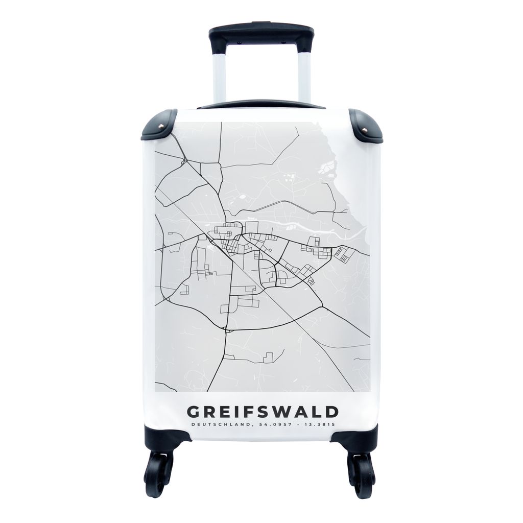 MuchoWow Koffer Handgepäck Trolley Rollkoffer Kleine Reisekoffer mit 4 Rollen - Greifswald - Karte - Stadtplan - Deutschland - Cabin Size < 55x4...
