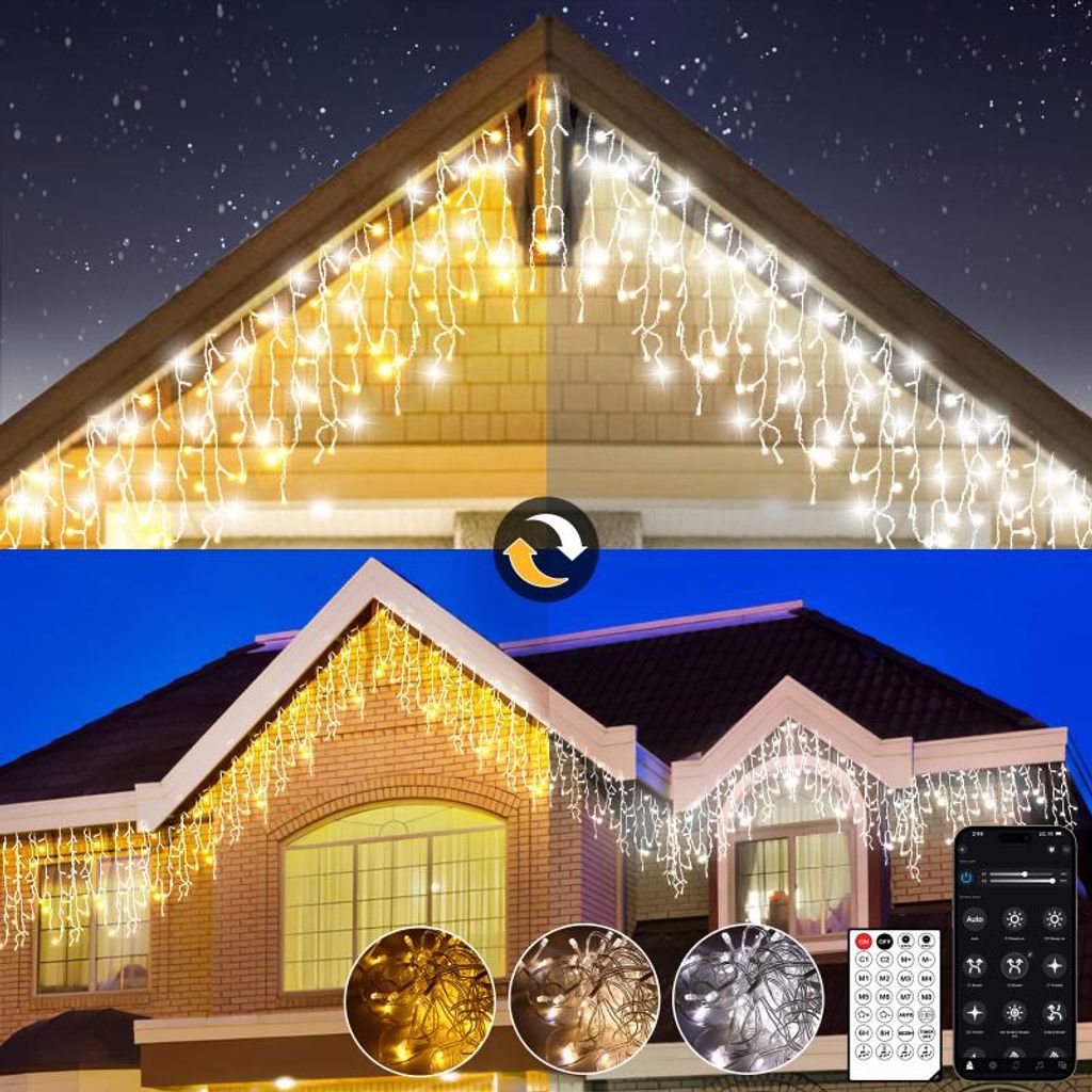 Lichtervorhang Aussen Warmweiß 600LEDs Eisregen Lichterkette Intelligente Lichterketten für Weihnachten Halloween Party Garten,15m