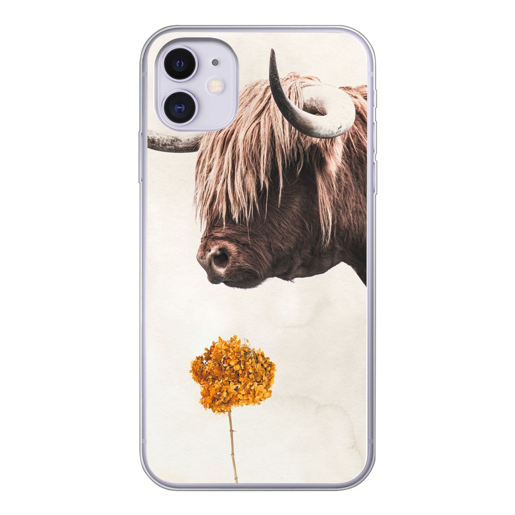 MuchoWow Handyhülle Schutzhülle Hülle für iPhone 11 Schottischer Highlander - Vintage - Blume Silikon Softcase Handy Hülle - Handytasche