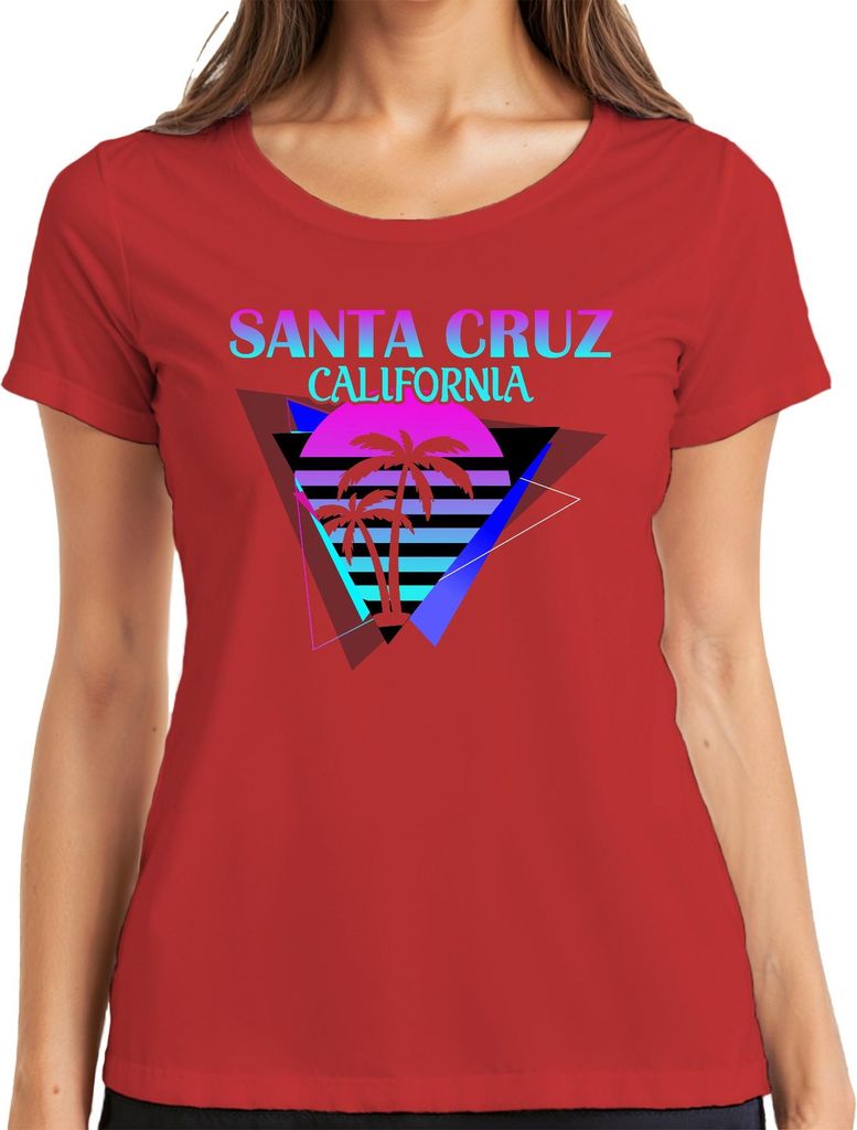 Santa Cruz California Palmen Sonne Vaporwave 80s Strand Surfen Damen T-Shirt, Rot, 3XL