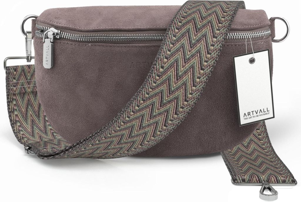 ARTVALL - Umhängetasche aus Wildleder, Klein mit verstellbarem Schultergurt, abnehmbares Taschenband, Crossbody Bag in Lila