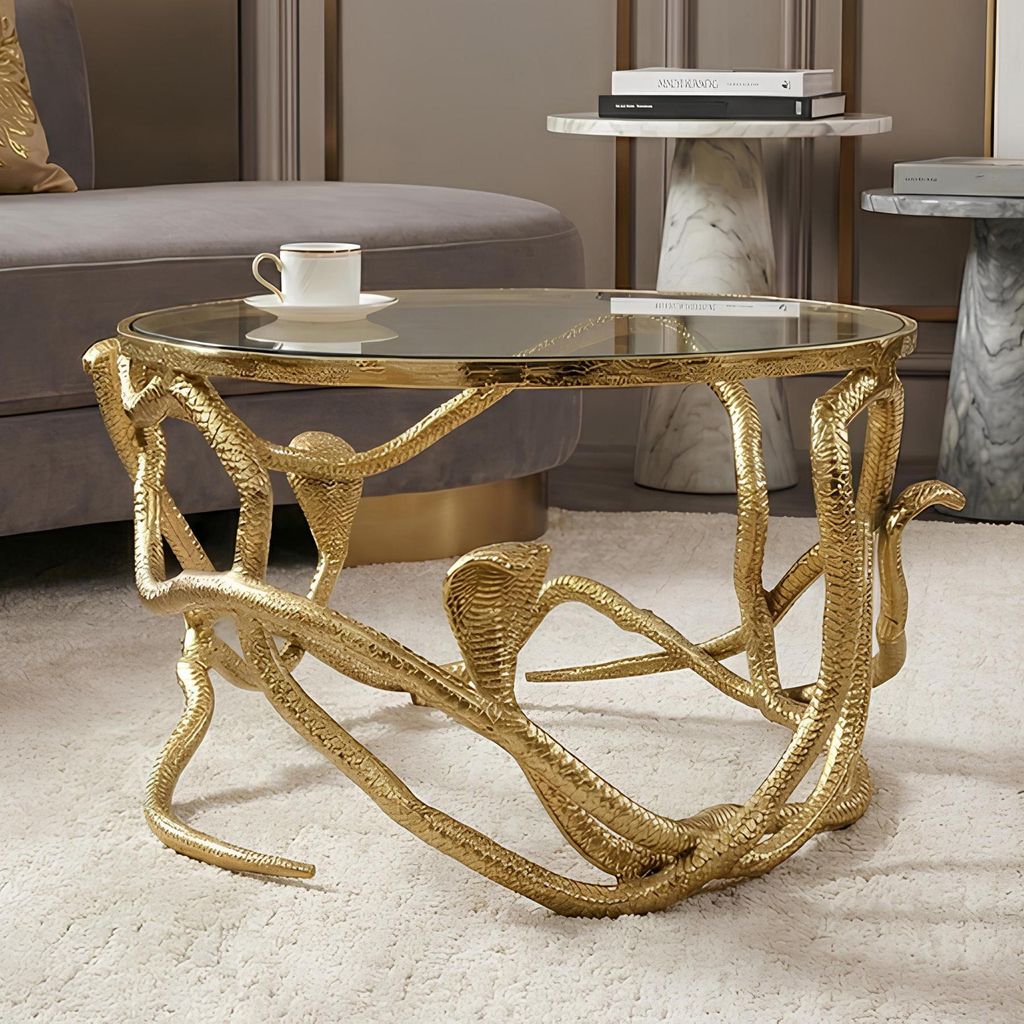 riess-ambiente Runder Couchtisch SNAKE 70cm gold Metall Schlangen-Skulptur Glasplatte