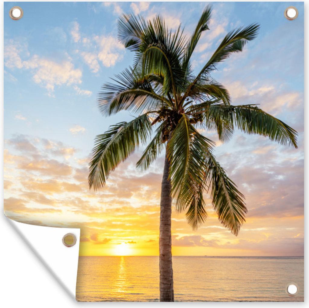 MuchoWow 100x100 cm Outdoor-Poster Gartendeko Sichtschutz Garten Poster für den Garten Strand - Palme - Sonnenuntergang