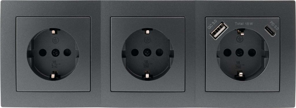 A close-up, front-facing view of a three-gang electrical outlet unit with two standard sockets and one socket with integrated USB-A and USB-C ports.
