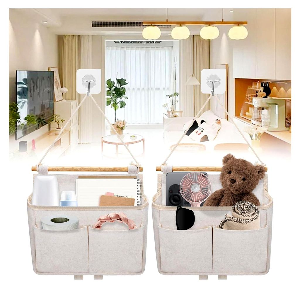 2 Stück Hängeorganizer, Hohe Kapazität mit 3 Fächern, Faltbarer Leinen Wand Organizer mit 2 Klebehaken für Zuhause, Büro, Bad - Beige