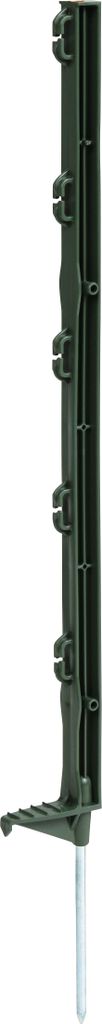 A green plastic fence post with a metal stake at the bottom, shown against a white background.