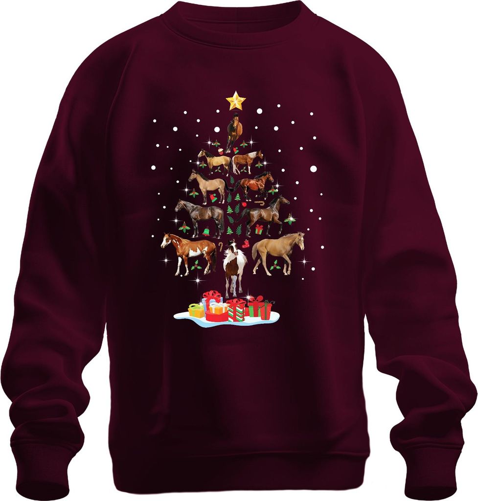 Pferde Weihnachtsbaum Geschenk Reiter Weihnachten Stern Schnee Uni Sweatshirt Pullover, Burgundy, XXL