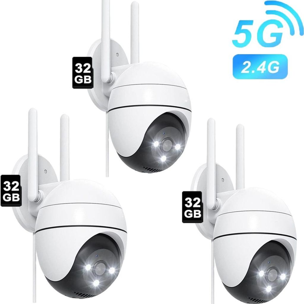 Überwachungskamera WLAN PTZ Akku IP65 Außen inkl. 32GB Speicherkarte 2-Wege-Audio, 2.4 GHz WLAN, 3MP HD für Außen, 3er-Set