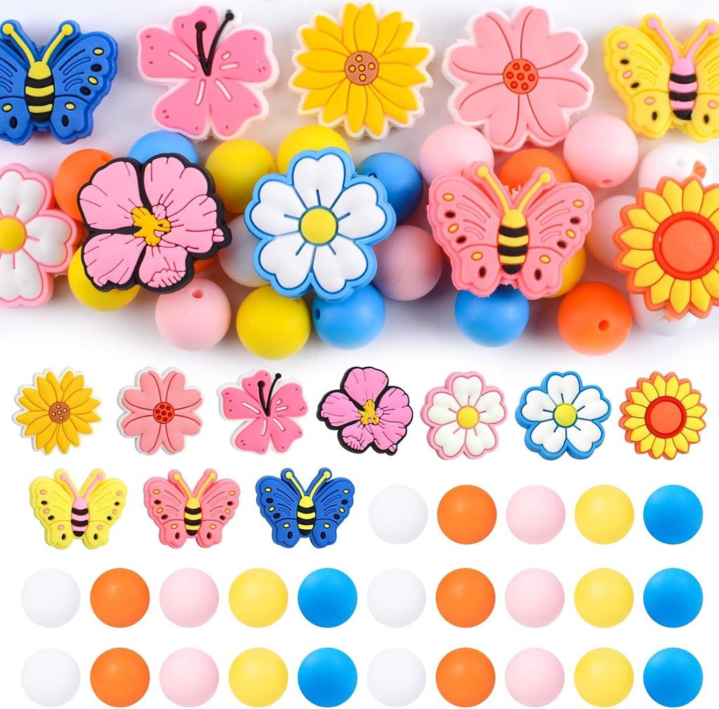 35 Stück Silikonperlen Schmetterlingsblumen-Thema DIY Perlenkit Bulk Spacerperlen für Stift Lose Perlen Zubehör Schmuck Schlüsselanhänger machen.