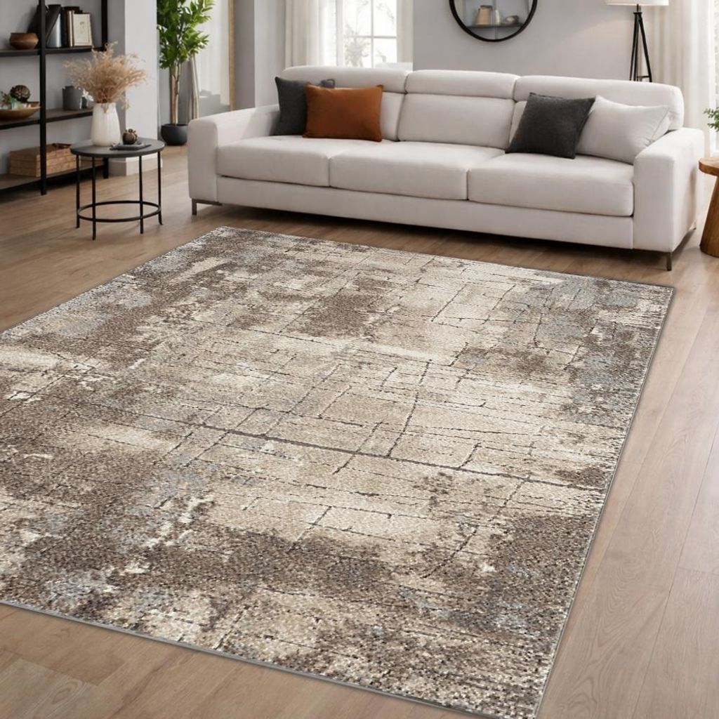 Moderner Teppich Beige Braun Grau Vintage Optik weich Wohnzimmer stilvoll Größe - 80 x 150 cm