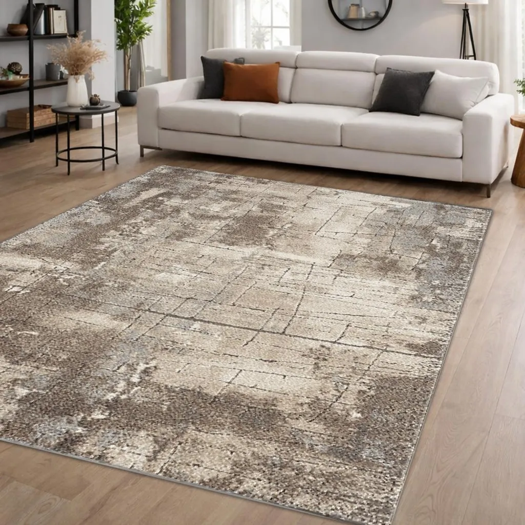 Tapis de salon vintage beige et gris doux, format rectangulaire 60x110