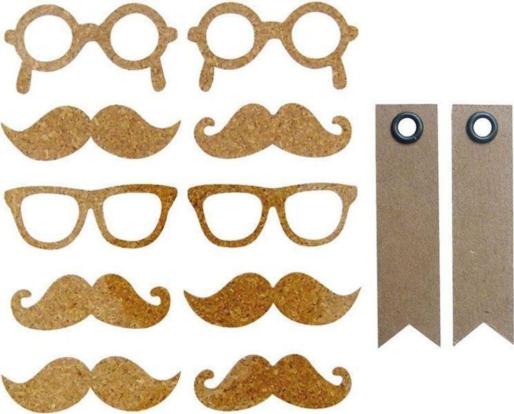 10 Kork Aufkleber - Schnurrbart + 20 Wimpel Kraft Etiketten