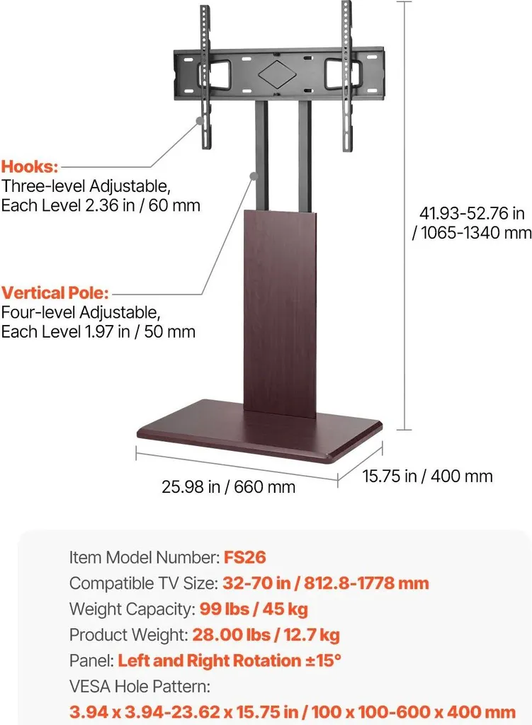 Meuble TV réglable en hauteur - Support mobile robuste avec charge 99lb - 2
