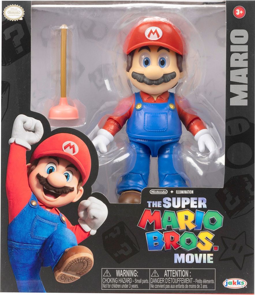The image shows a boxed action figure of Mario from The Super Mario Bros. Movie.