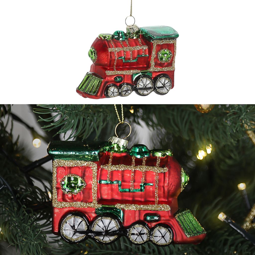 Christbaumschmuck Eisenbahn handbemalt 9x6x5cm Glas bunt Glitzer Weihnachtsaufhänger Baumschmuck