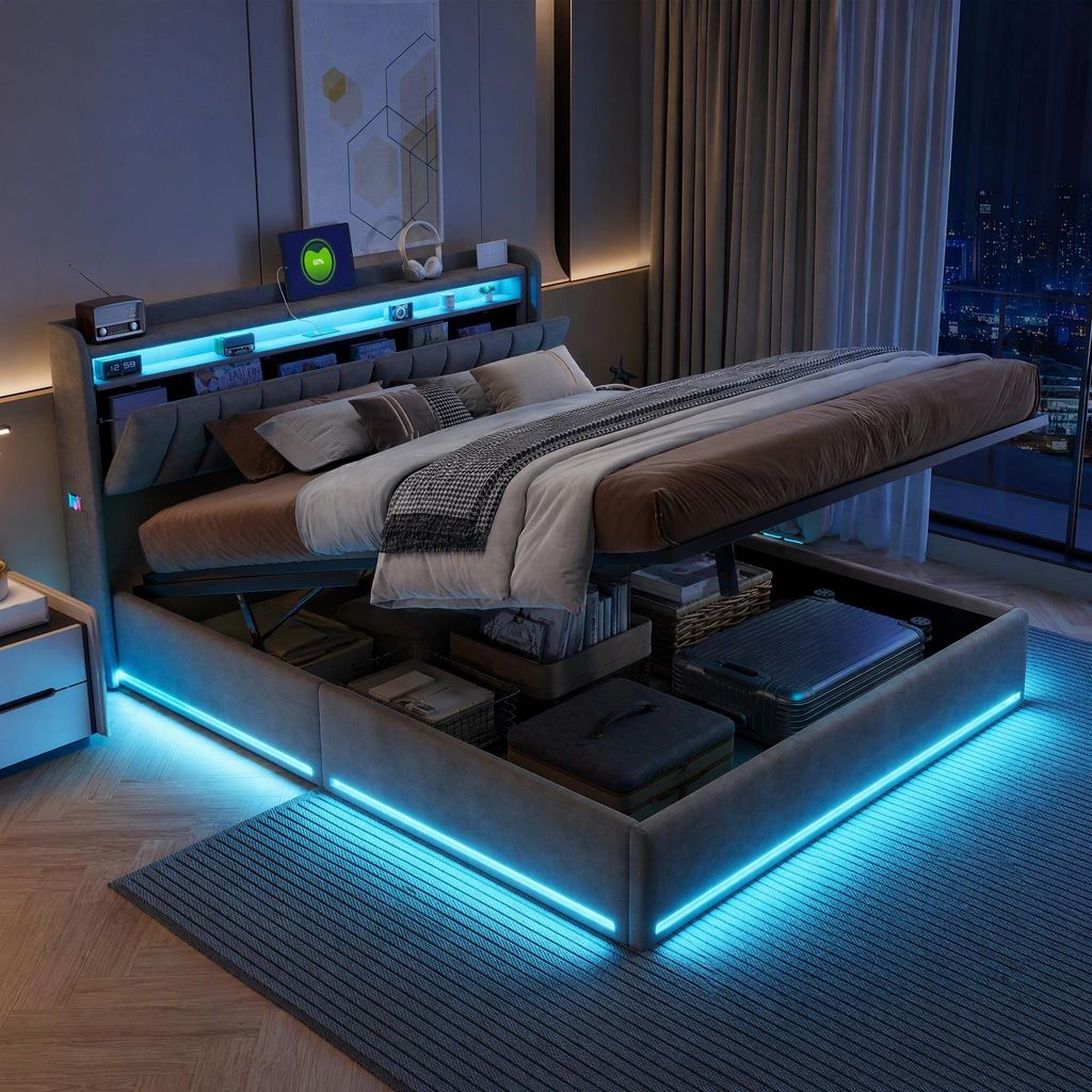 Cama tapizada UnboxG de 160x200 cm con USB, cama juvenil de Imagen del producto 