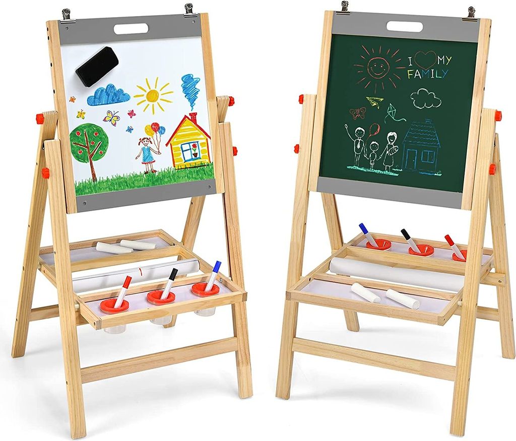 GOPLUS Staffelei, Kindertafel, Doppelseitige Faltbare Höhenverstellbare Standtafel, mit Kreide Tafelradierer, Whiteboardmarker, ab 3 Jahren