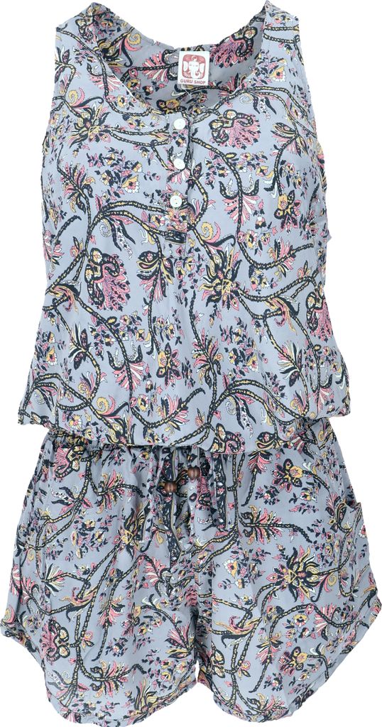 Kurzer Luftiger Overall im Hippiestyle, Jumpsuit, Einteiler - Taubenblau, Damen, Polyester, Shorts, Leggings