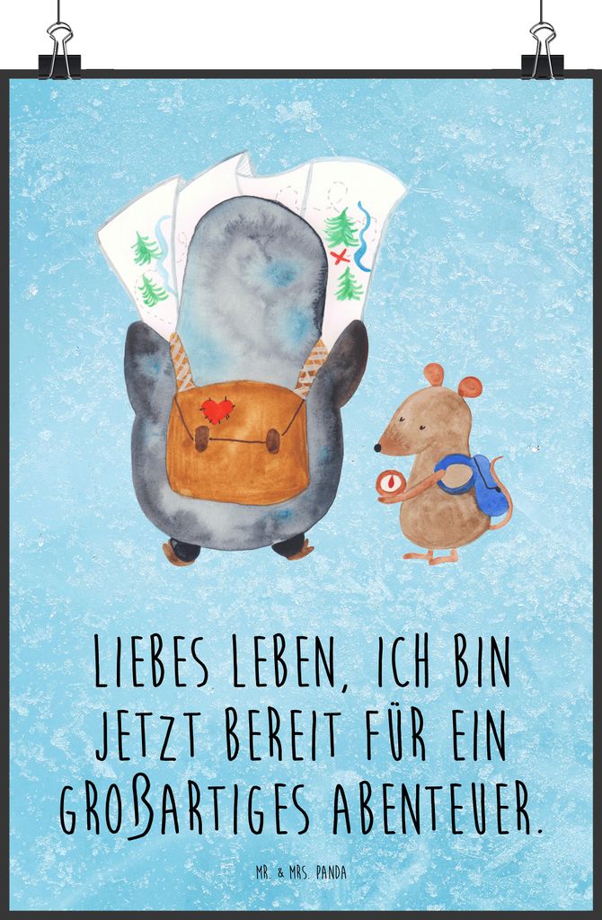 Mr. & Mrs. Panda Bild Pinguin & Maus Wanderer DIN A1 - Eisblau - Geschenk, Abenteuer, wanddeko, drucke, Kunstdruck, Wandbild, Wandern, poster, Wand...