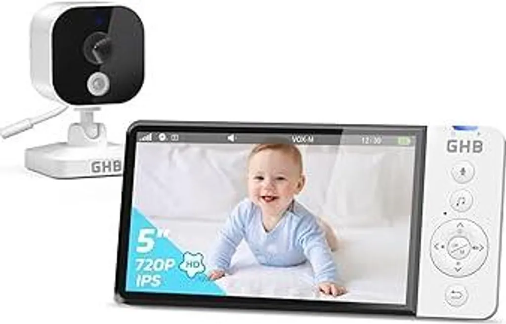Baby monitor GHB con videocamera Display IPS HD da 5 pollici 5000 mAh Modalità VOX Zoom 4X Visione notturna Indicatore di temperatura Audio bidirezionale 720P Non ruotabile