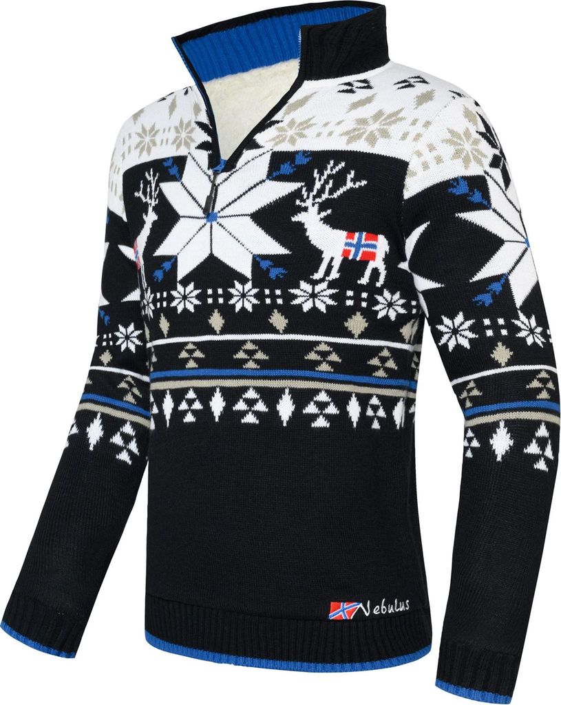 Nebulus Norweger Strickpulli mit Teddyfell FRIA Herren, gefütterte Jacke , warm und flauschig , P4716 - Herren, schwarz-weiß, L