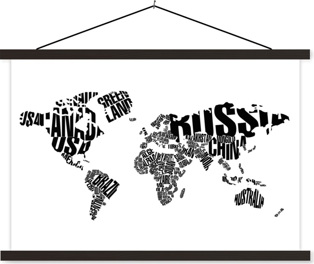 MuchoWow Textilposter Weltkarte - Schwarz - Weiß - Wörter - Kind - Junge - Mädchen 60x40 cm mit schwarzem Rahmen - Hölzernes