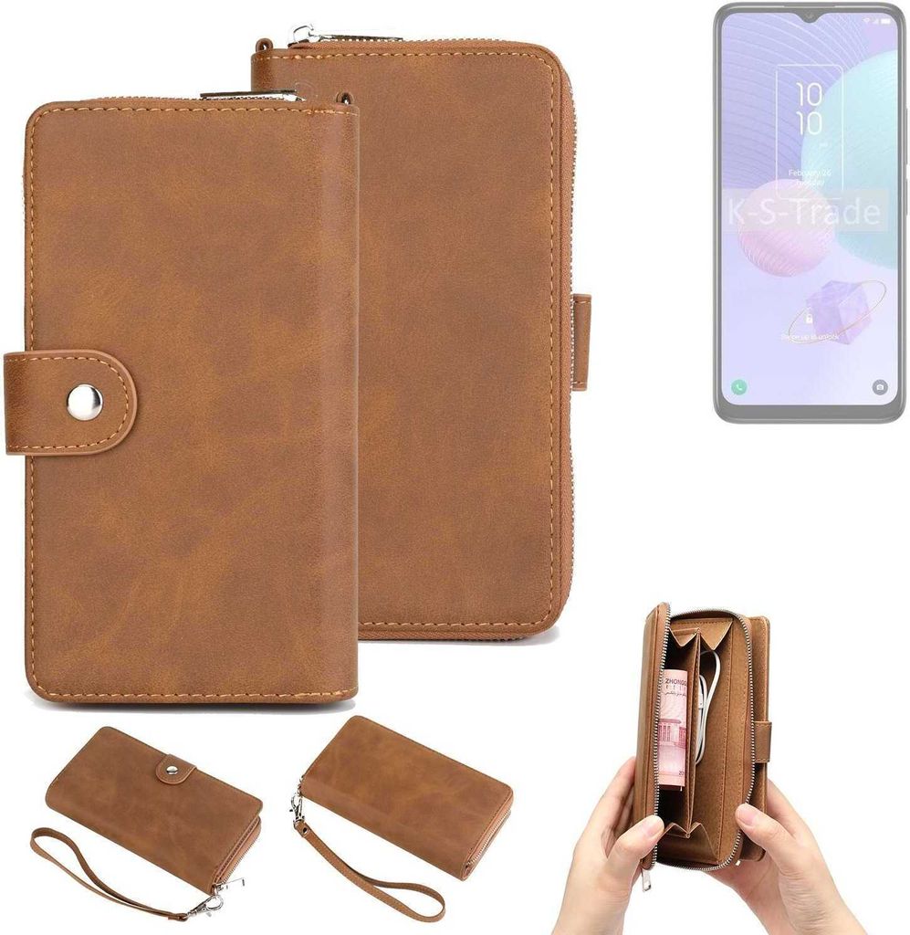K-S-Trade Handyhülle Schutzhülle kompatibel mit TCL 405 & Portemonnee Tasche Handytasche Case Etui Geldbörse Wallet braun (1x)