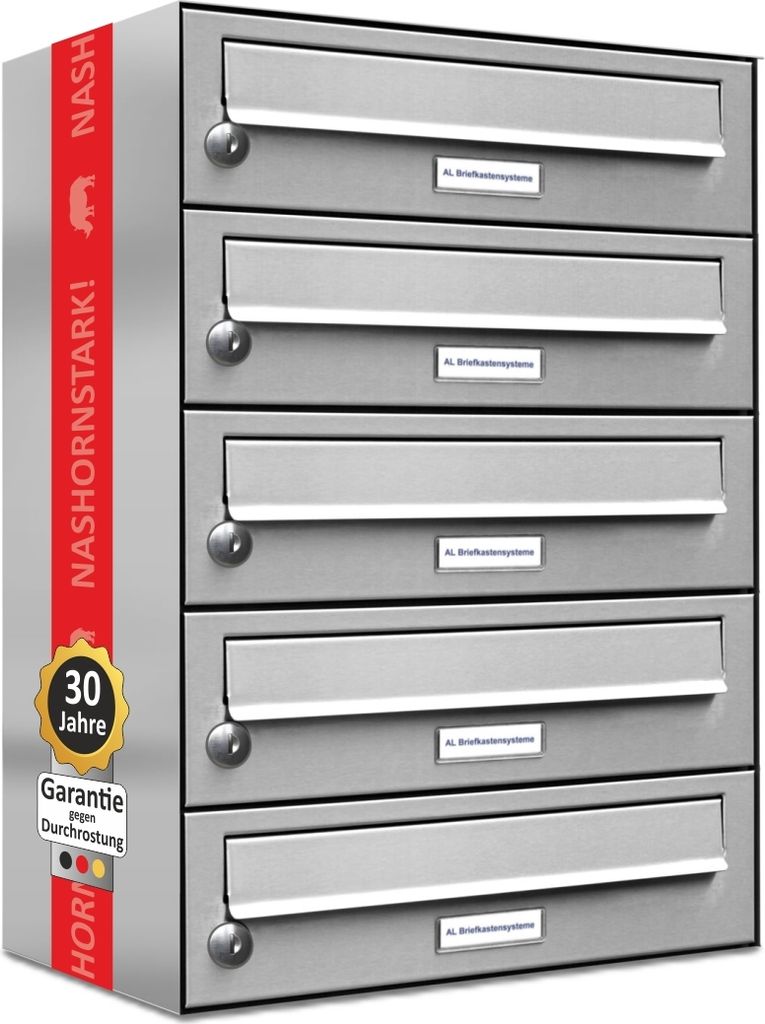 A stack of five stainless steel mailboxes against a white background.