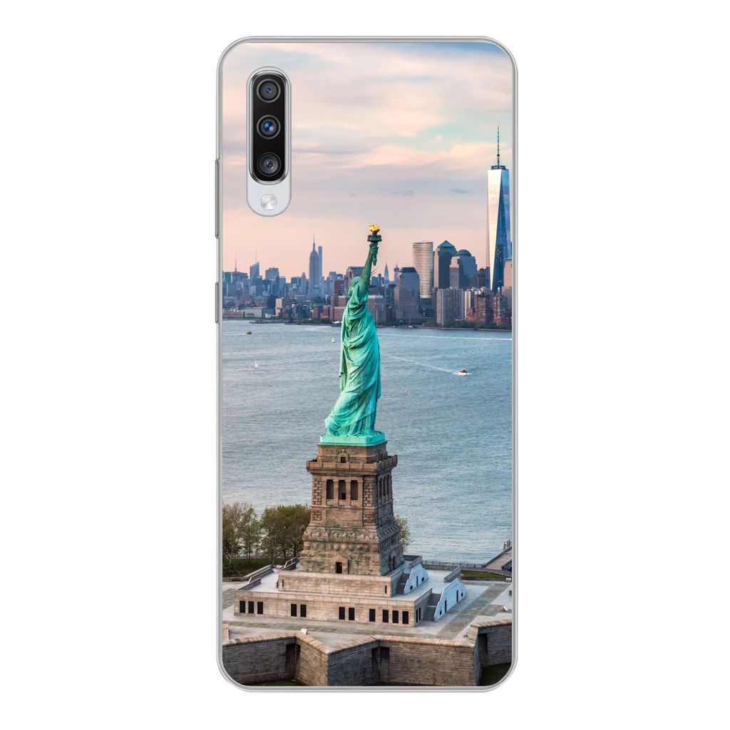 MuchoWow Handyhülle Schutzhülle Hülle für Samsung Galaxy A70 Freiheitsstatue mit der Skyline von New York Silikon Softcase Handy Hülle - Sch...