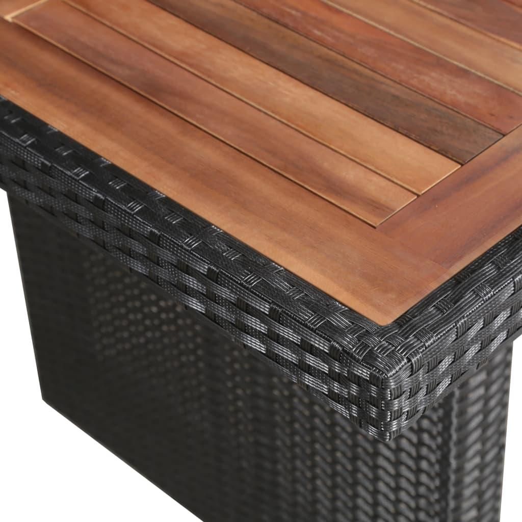 Close-up view of the corner of a table, showing the wooden top and the woven rattan base.
