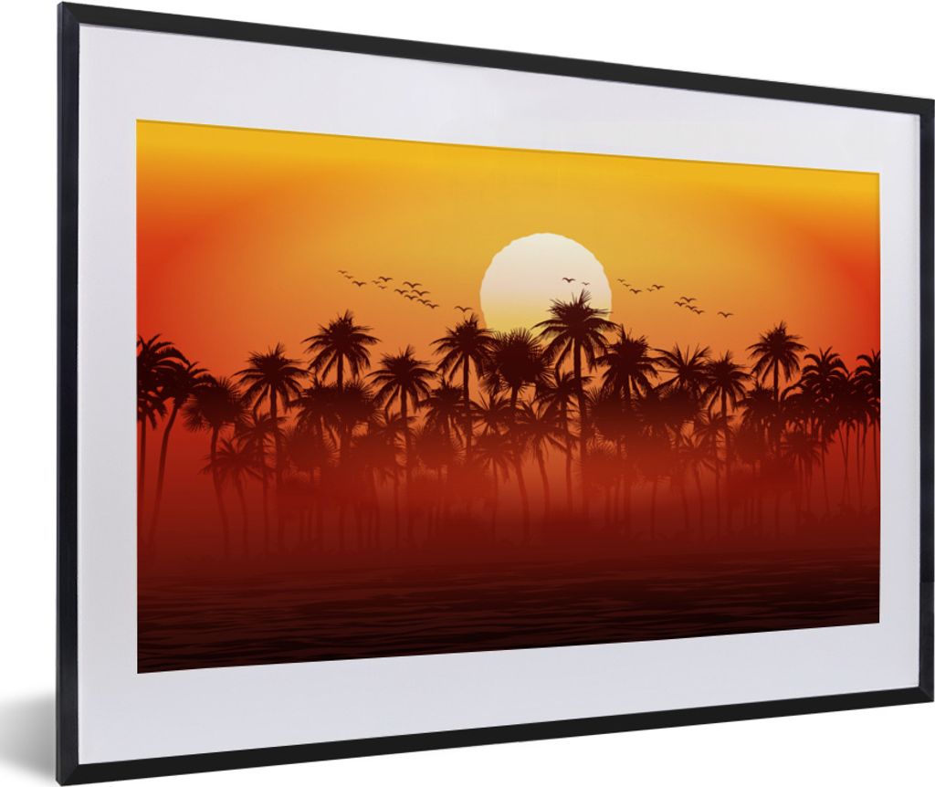 MuchoWow MuchoWow Gerahmtes Poster Palme - Sonne - Vogel 60x40 cm - Poster mit zchwarzem Bilderrahmen - Schlafzimmer - Plakat in Rahmen - Drucken