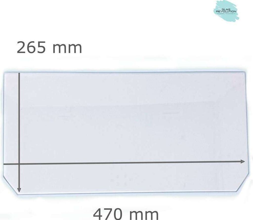 Kühlschrank Einlegeboden - Klarglas 4 mm - 2 abgeschrägte Ecken - 470 mm x 265 mm - (89,96 EUR / qm - Mindestbfl. 0,25 qm - Kantenb. 5,35 EUR / l...