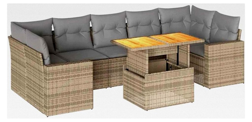 8-teiliges Garten-Sofagarnitur-Set mit Kissen in Beige aus Poly Rattan, für den Außenbereich