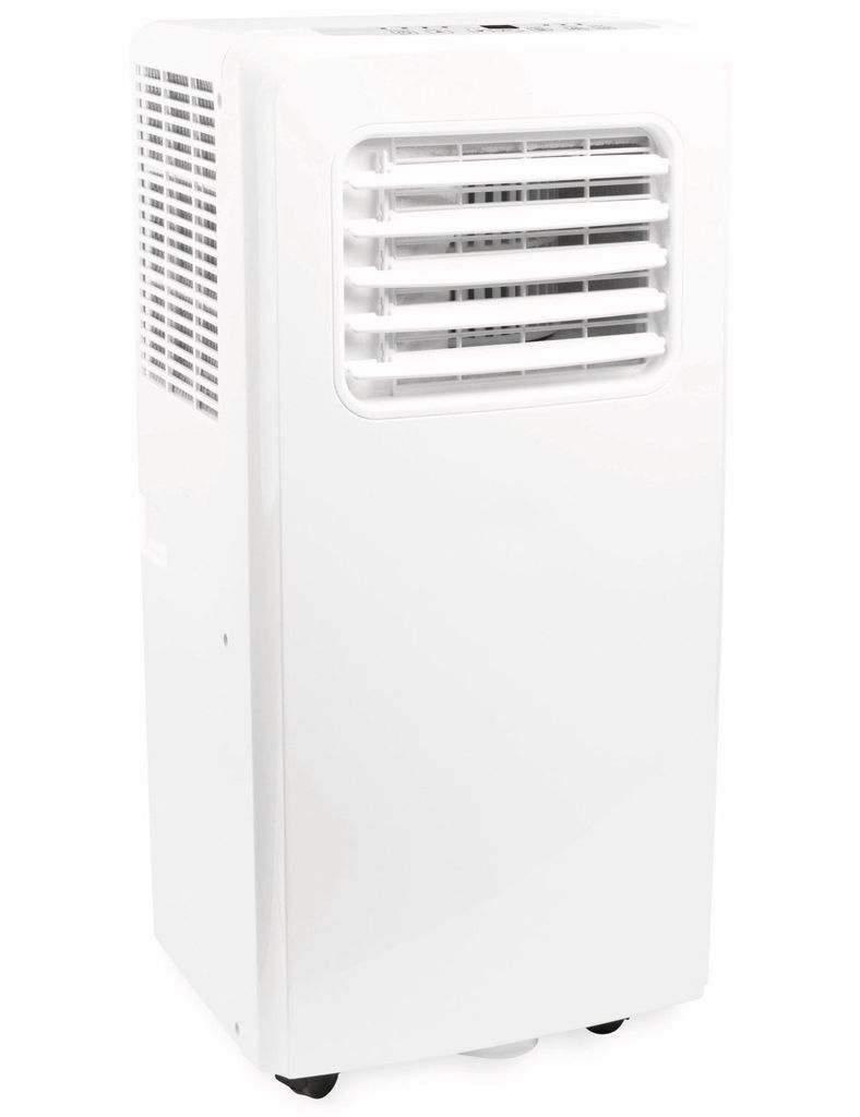 A white portable air conditioner against a white background.
