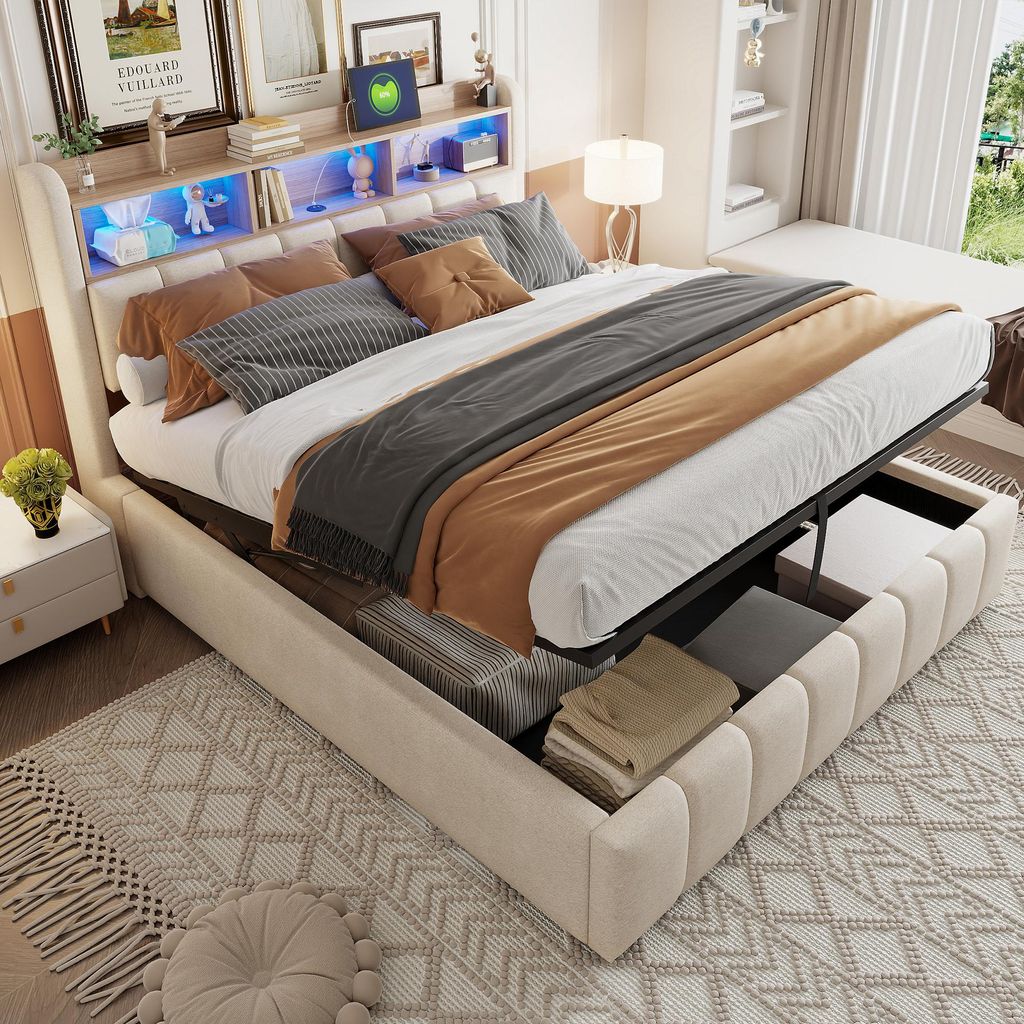 A bedroom scene featuring a bed with storage and LED lighting.