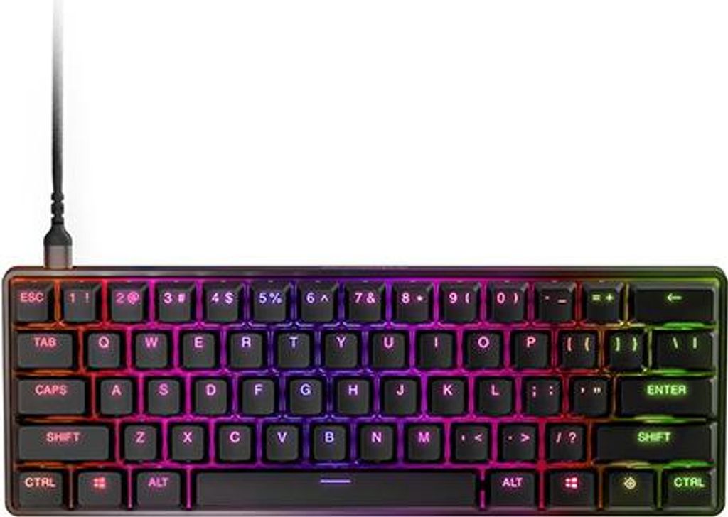 A gaming keyboard with RGB lighting.