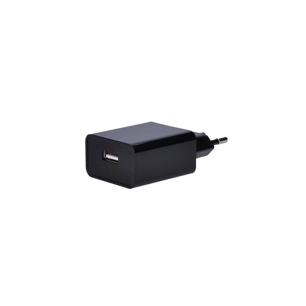 A black USB charger adapter is shown against a white background.
