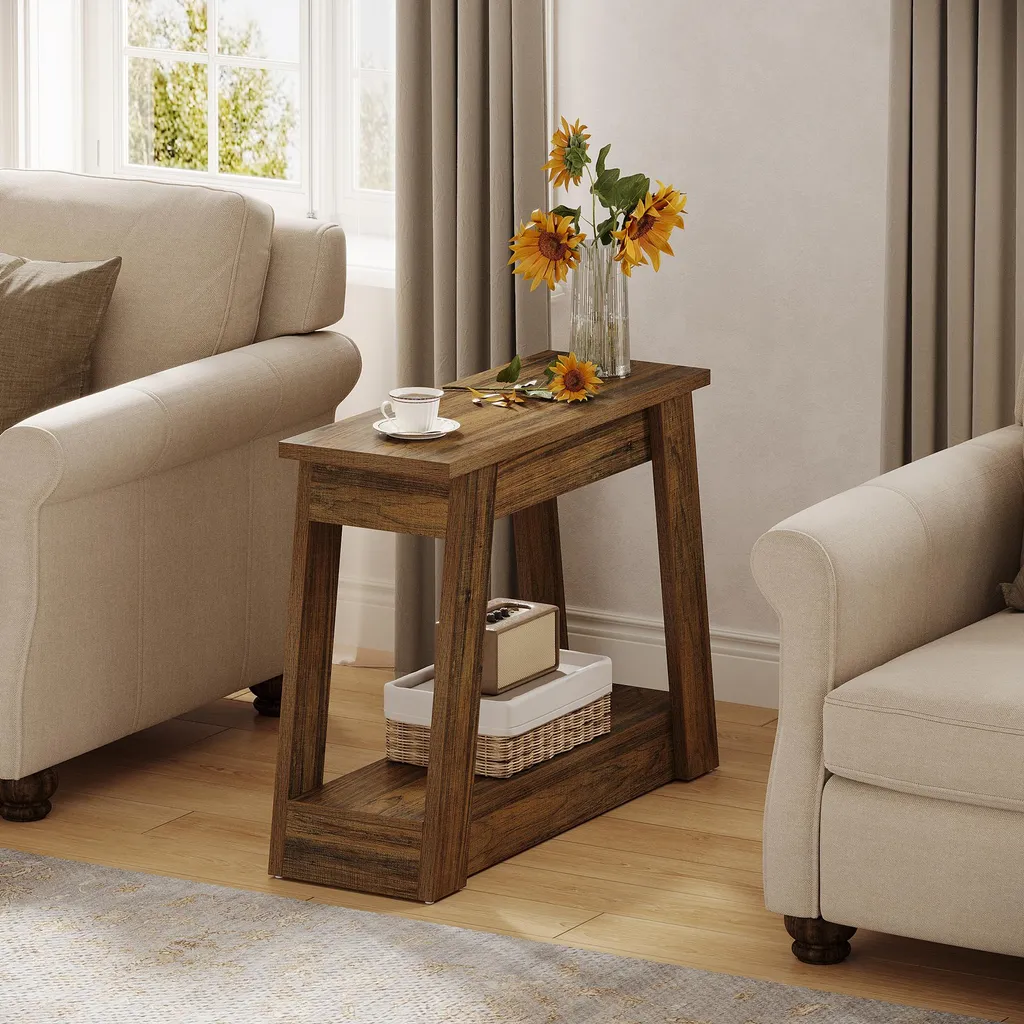 Table d'appoint rustique à 2 niveaux en bois robuste pour petit espace