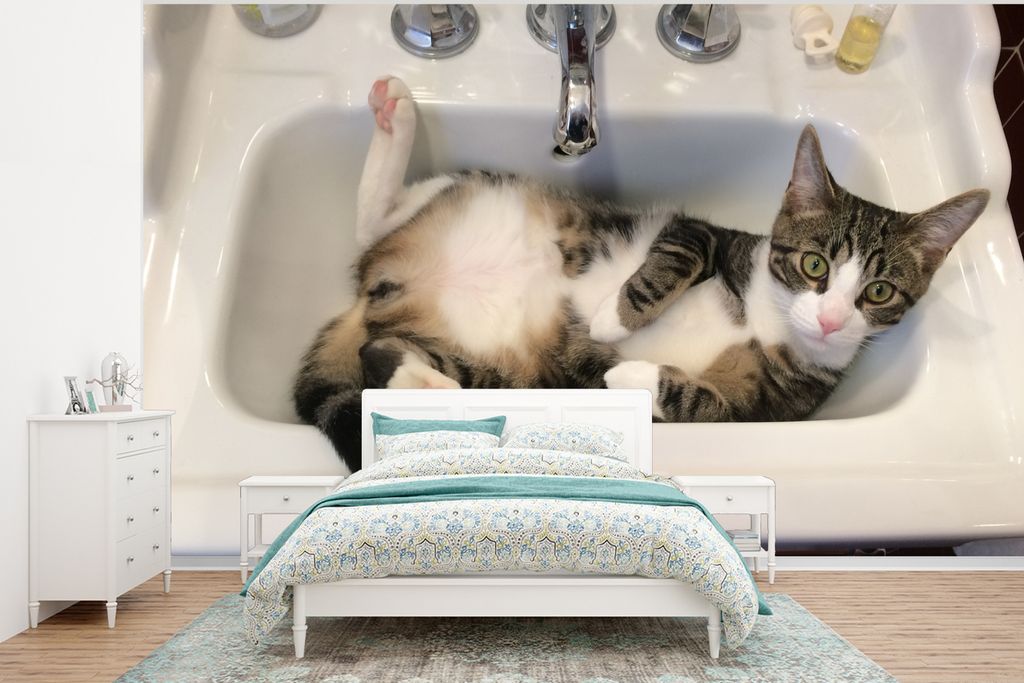 MuchoWow Fototapete für Wohnzimmer oder Schlafzimmer Wandtapete Vinyl Motivtapete Katze - Waschbecken - Badezimmer - 350x260 cm - Wohnzimmer-Tapete