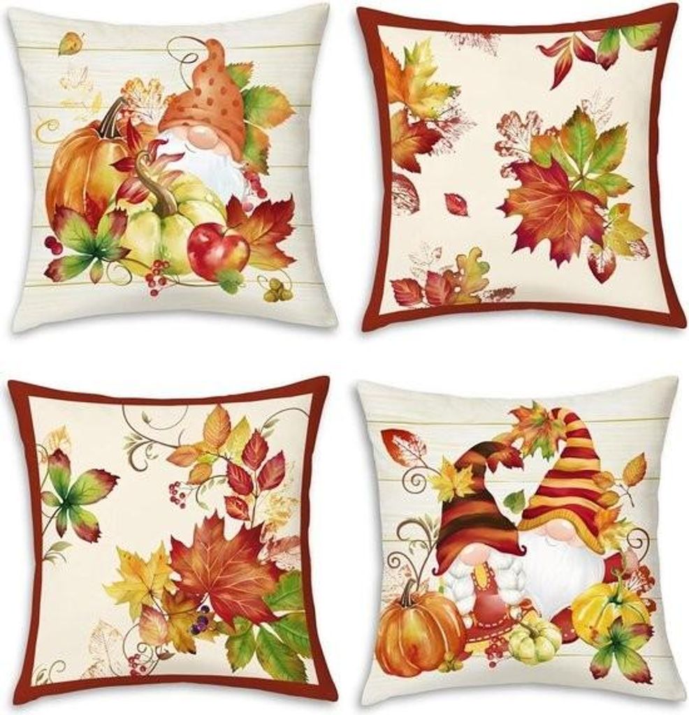 Herbstliche Dekokissenbezüge – Herbstlaub, Kürbis, Zwerg, Blatt – 45 x 45 cm – Dekorative Kissenbezüge – Weiche Samtkissenbezüge – F...